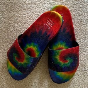 INC Womens Red Tie-Dye Rhinestone Peymin Round Toe Platform Slip On Slide Sandal